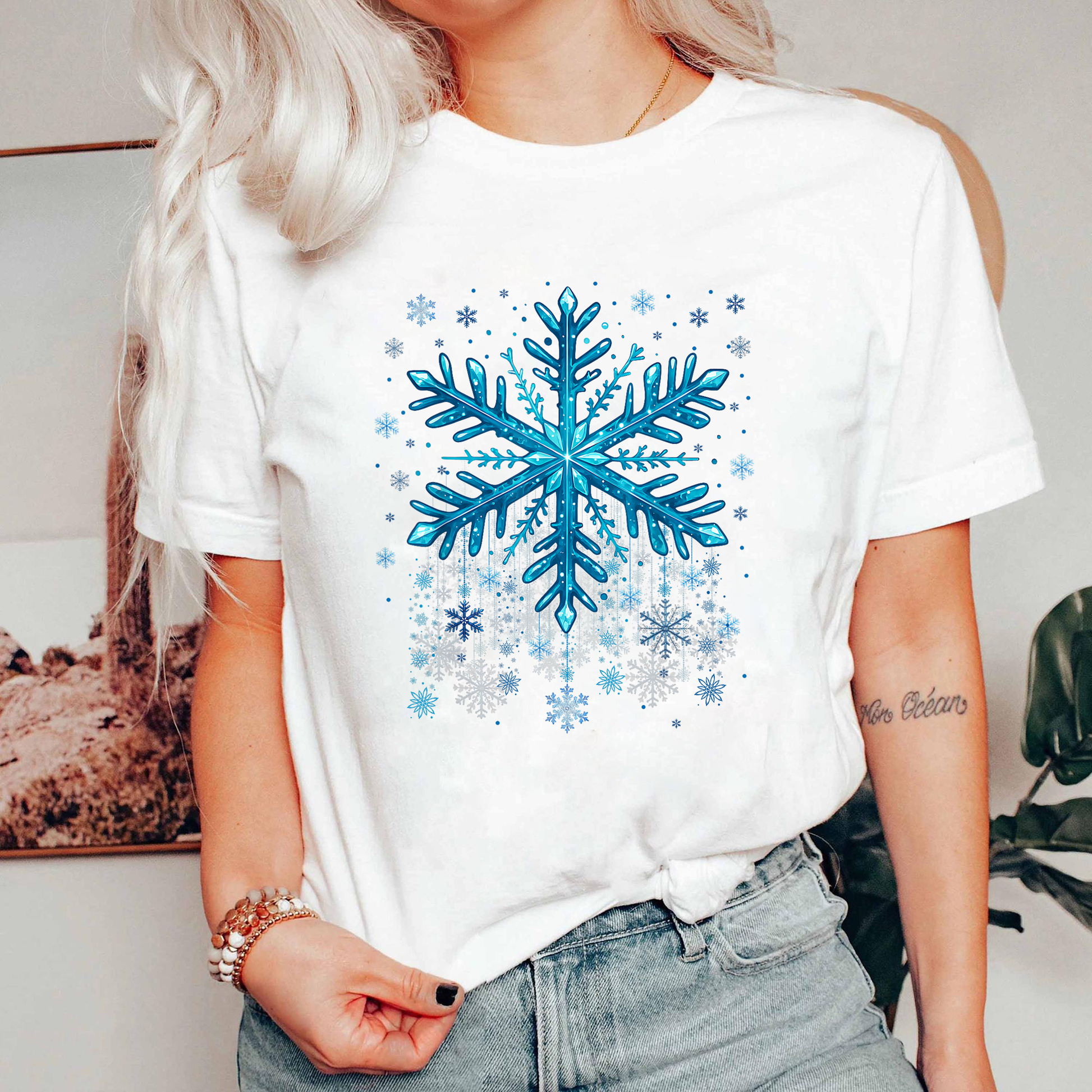 Blue Snowflake Christmas Shirt, Winter Holiday Tee, Icy Pattern Top, Festive Minimalist Outfit, Cozy Snow Season Gift Shirt