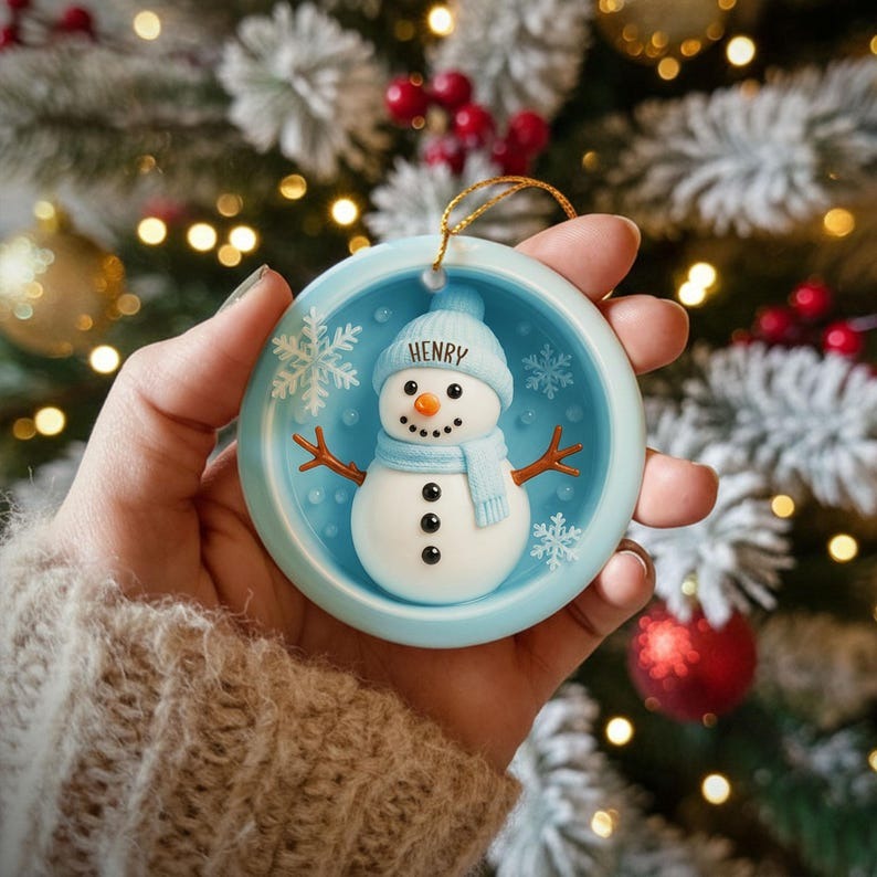 Personalized Snowman Christmas Ornament, Ceramic Ornament with Name, Custom Holiday Decoration, Cute Xmas Gift for Kids & Family