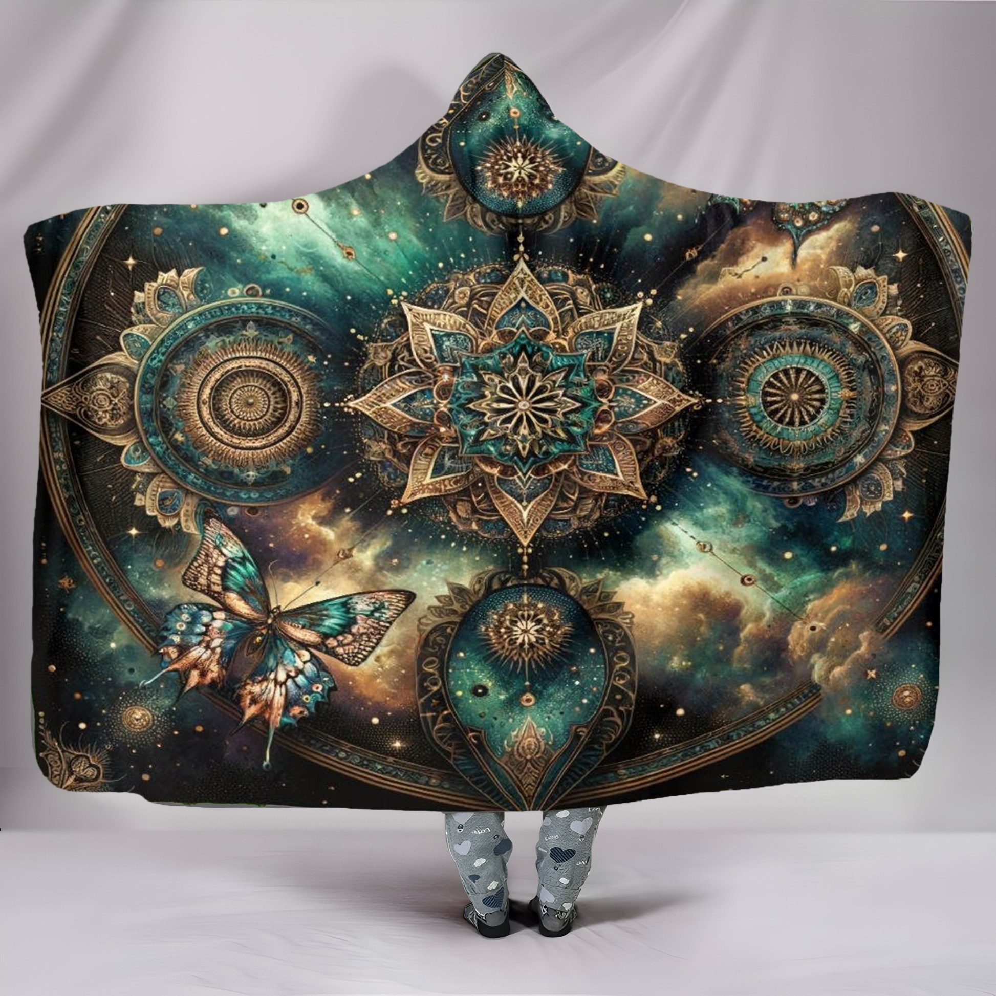 Galaxy Mandala Hooded Blanket with Butterfly and Starry Sky, Celestial Boho Sherpa Throw, Spiritual Festival Wrap, Cosmic Astrology Gift, Meditation Cozy Blanket. BLKAC26