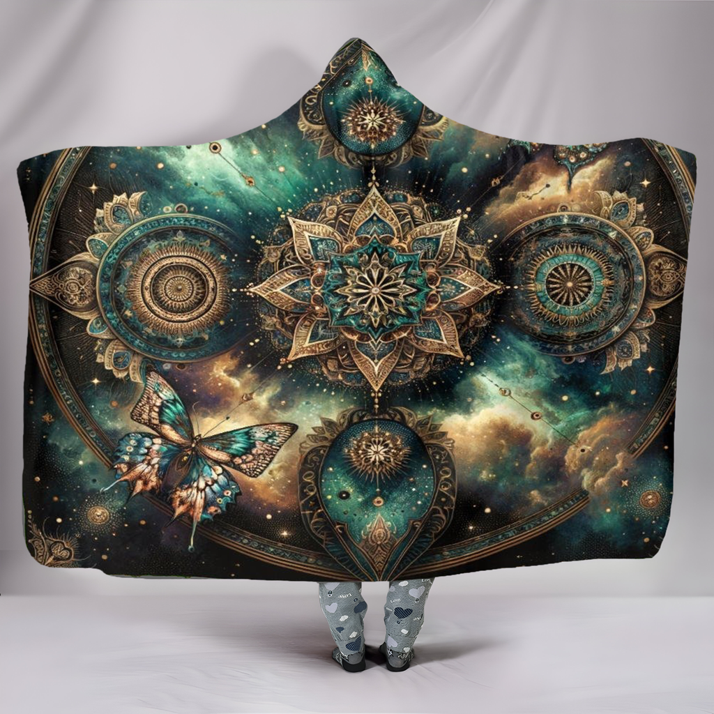 Galaxy Mandala Hooded Blanket with Butterfly and Starry Sky, Celestial Boho Sherpa Throw, Spiritual Festival Wrap, Cosmic Astrology Gift, Meditation Cozy Blanket. BLKAC26
