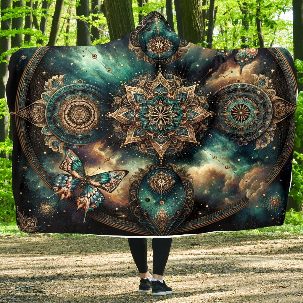 Galaxy Mandala Hooded Blanket with Butterfly and Starry Sky, Celestial Boho Sherpa Throw, Spiritual Festival Wrap, Cosmic Astrology Gift, Meditation Cozy Blanket. BLKAC26