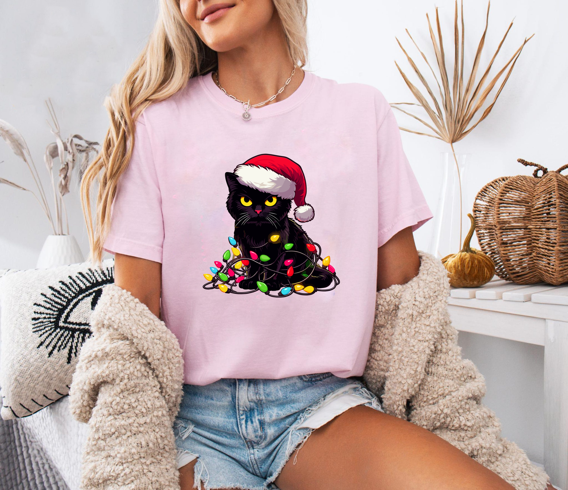 Black Cat Christmas Shirt, Santa Hat Kitty Tee, Funny Pet Lover Gift, Festive Holiday Outfit, Cute Xmas Cat Lights Top