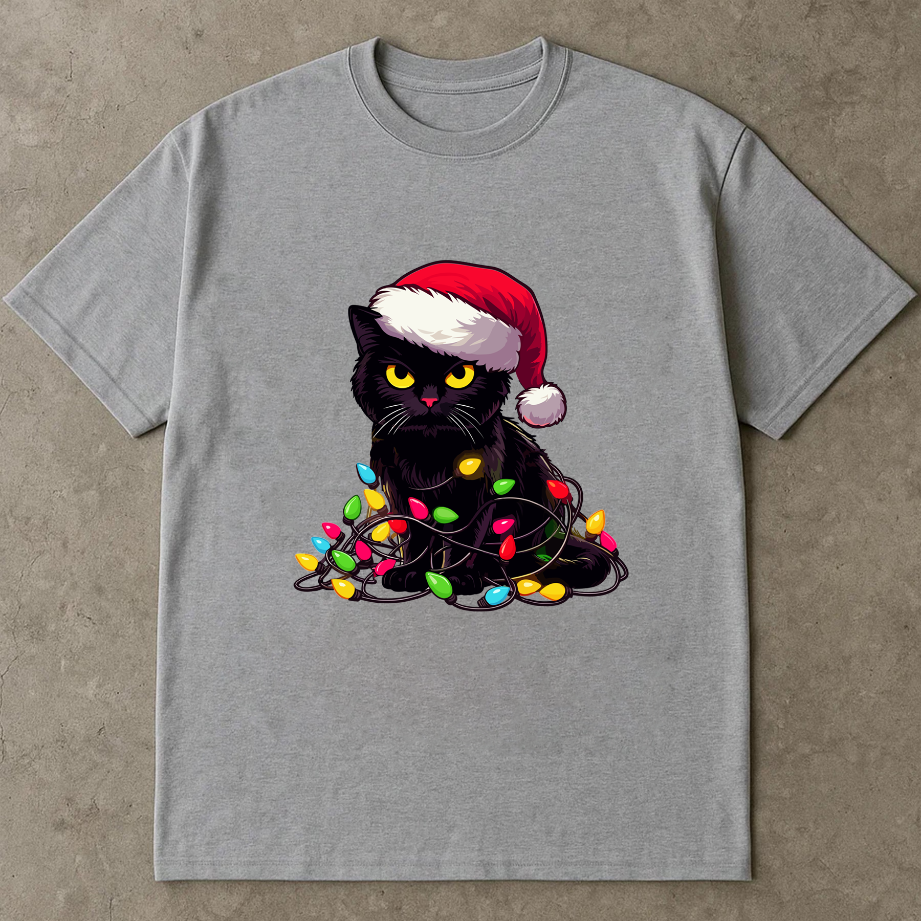 Black Cat Christmas Shirt, Santa Hat Kitty Tee, Funny Pet Lover Gift, Festive Holiday Outfit, Cute Xmas Cat Lights Top