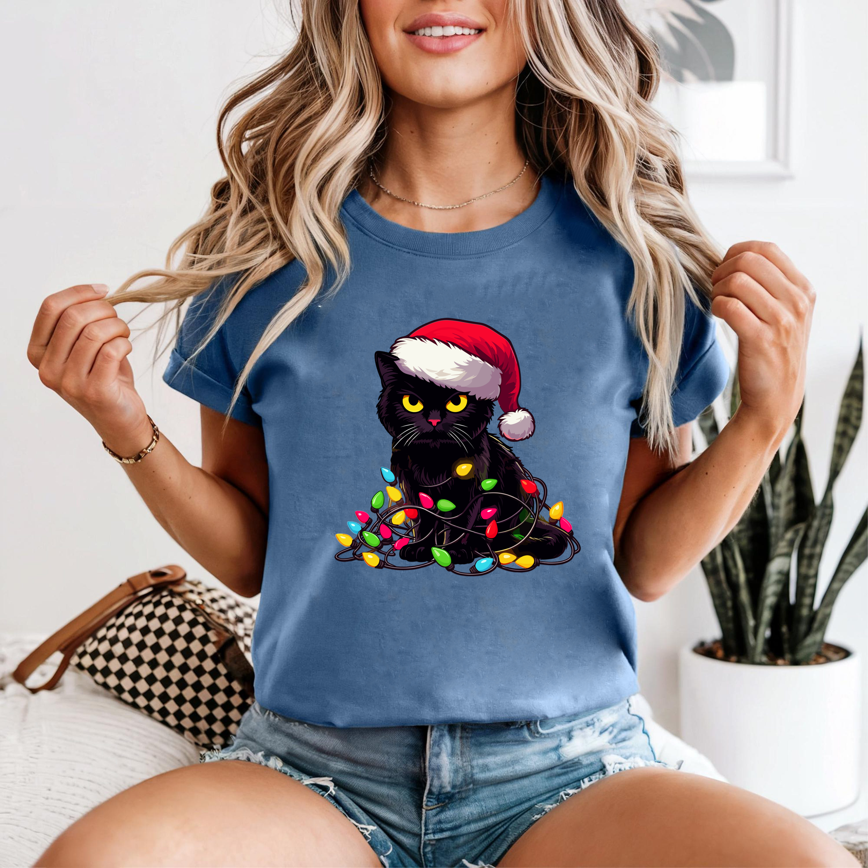 Black Cat Christmas Shirt, Santa Hat Kitty Tee, Funny Pet Lover Gift, Festive Holiday Outfit, Cute Xmas Cat Lights Top