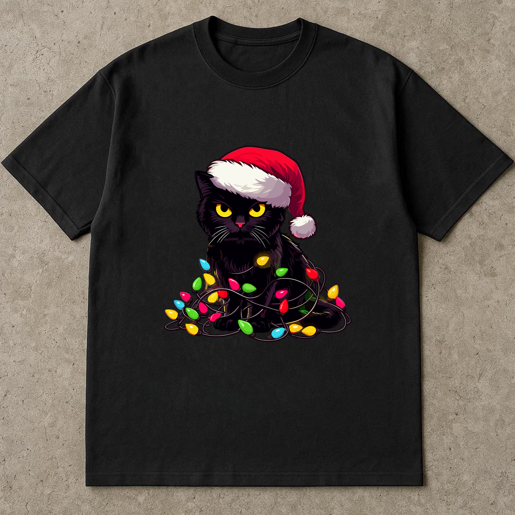 Black Cat Christmas Shirt, Santa Hat Kitty Tee, Funny Pet Lover Gift, Festive Holiday Outfit, Cute Xmas Cat Lights Top