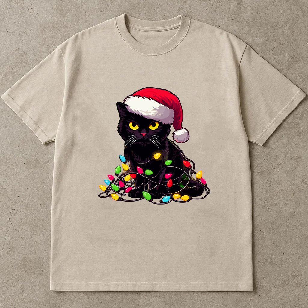 Black Cat Christmas Shirt, Santa Hat Kitty Tee, Funny Pet Lover Gift, Festive Holiday Outfit, Cute Xmas Cat Lights Top