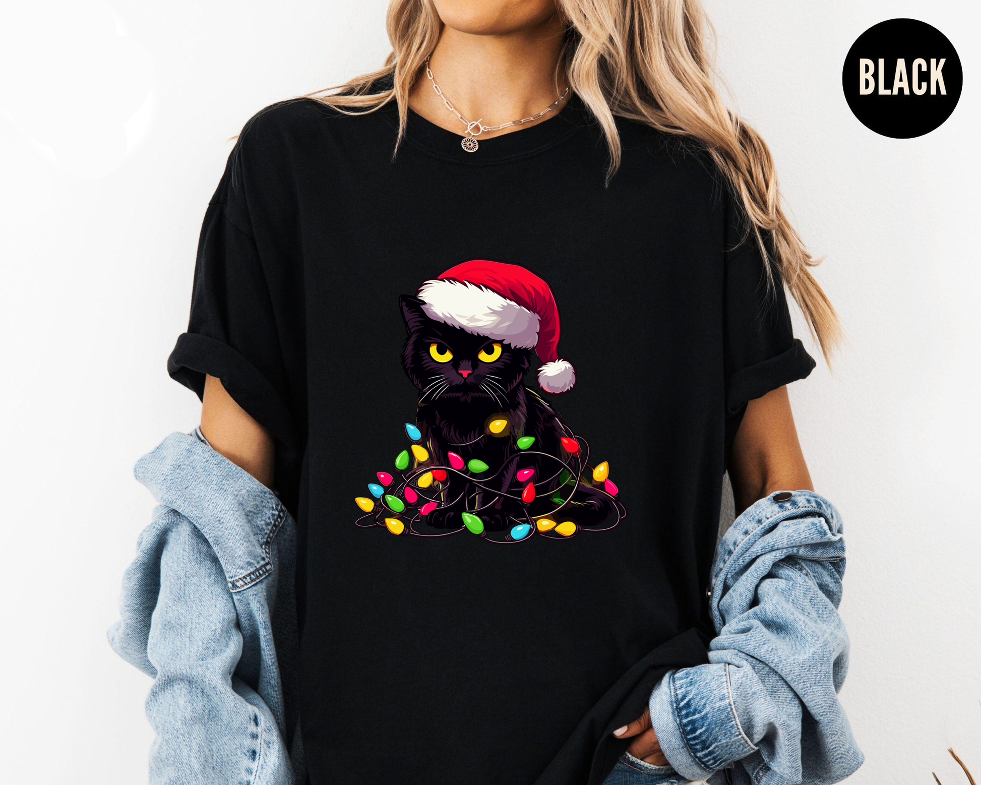 Black Cat Christmas Shirt, Santa Hat Kitty Tee, Funny Pet Lover Gift, Festive Holiday Outfit, Cute Xmas Cat Lights Top