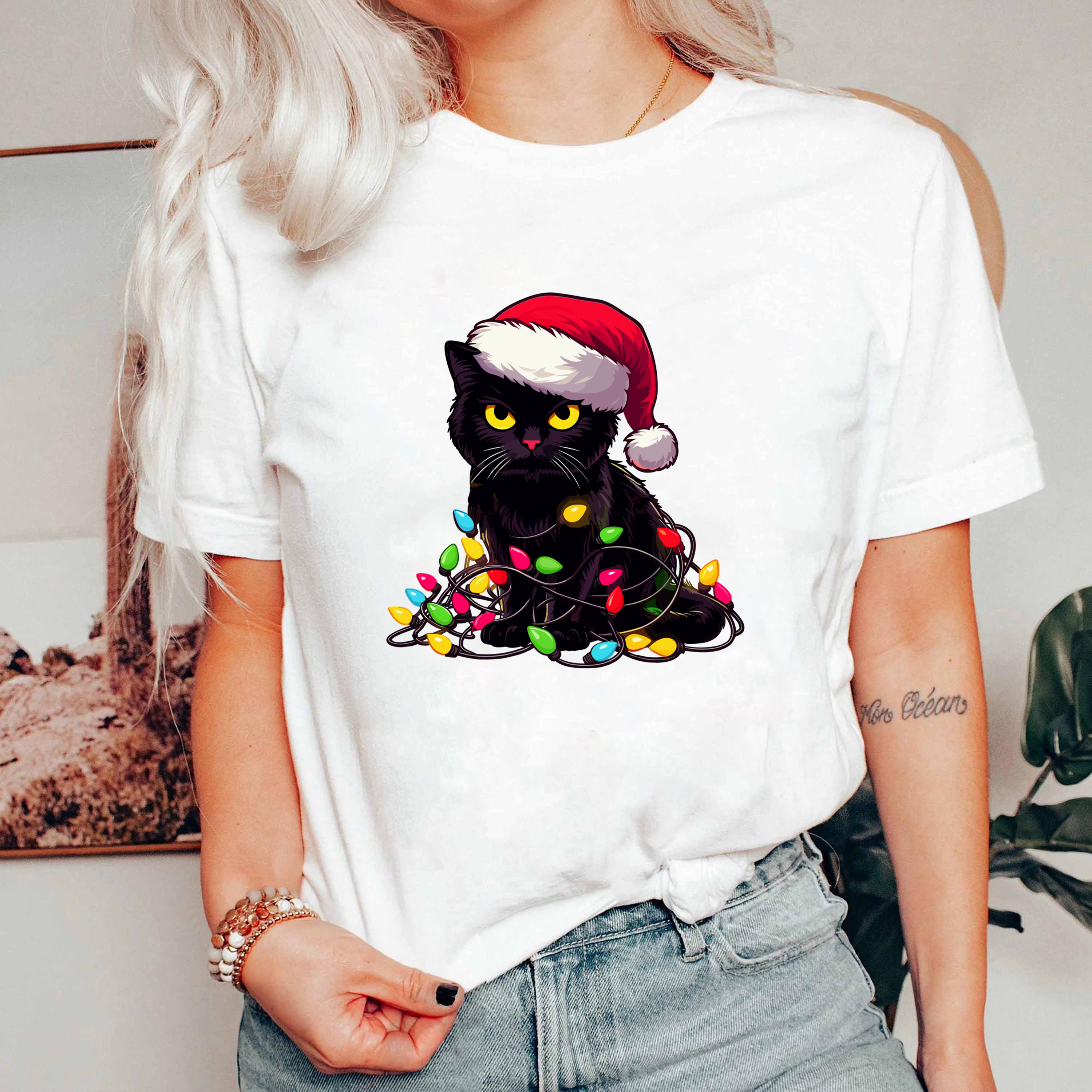 Black Cat Christmas Shirt, Santa Hat Kitty Tee, Funny Pet Lover Gift, Festive Holiday Outfit, Cute Xmas Cat Lights Top