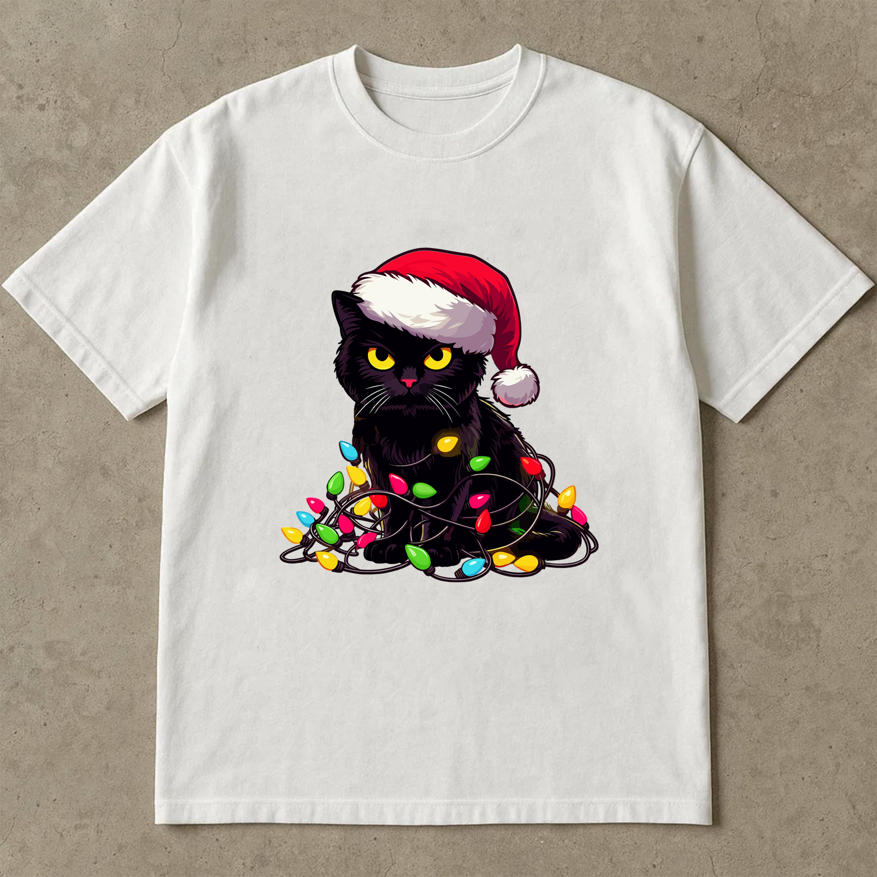 Black Cat Christmas Shirt, Santa Hat Kitty Tee, Funny Pet Lover Gift, Festive Holiday Outfit, Cute Xmas Cat Lights Top