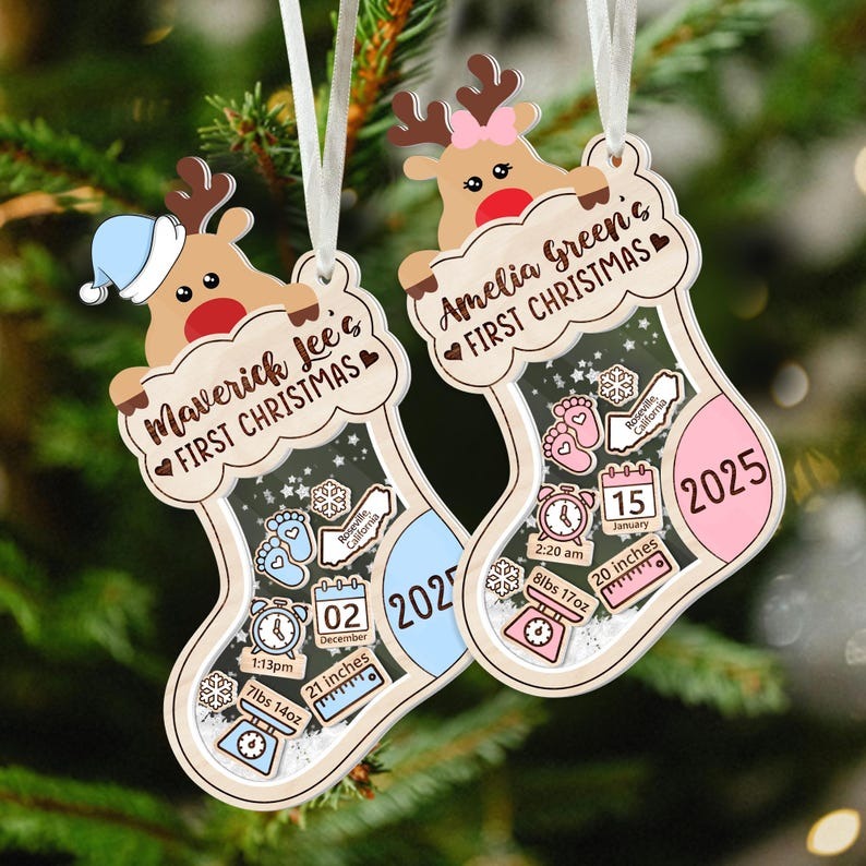 Baby’s First Christmas Ornament 2025, Personalized Reindeer Stocking Ornament with Birth Stats, Newborn Keepsake Gift, Custom Xmas Decor
