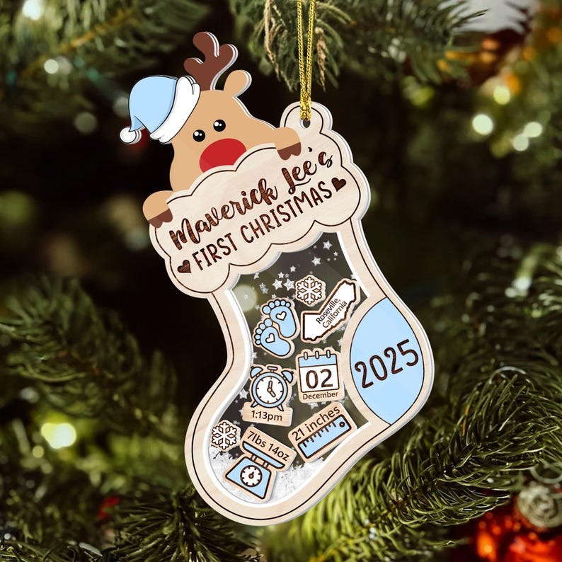 Baby’s First Christmas Ornament 2025, Personalized Reindeer Stocking Ornament with Birth Stats, Newborn Keepsake Gift, Custom Xmas Decor