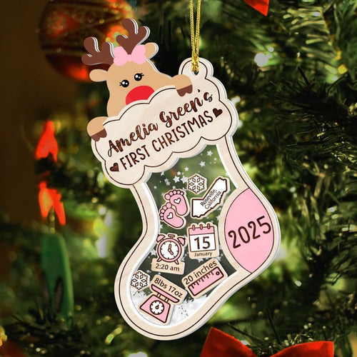Baby’s First Christmas Ornament 2025, Personalized Reindeer Stocking Ornament with Birth Stats, Newborn Keepsake Gift, Custom Xmas Decor