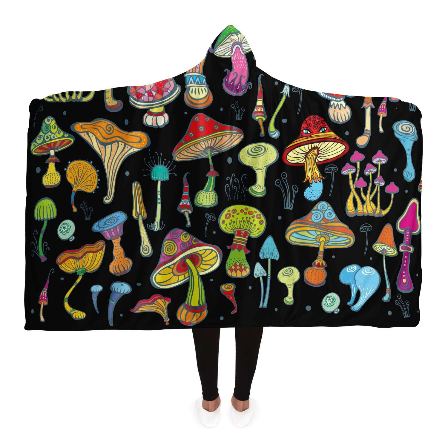 Mushroom Hooded Blanket, Colorful Cartoon Fungi Pattern, Cozy Warm Throw Blanket, Perfect Gift for Nature Lovers and Outdoor Enthusiasts. BLKAC59