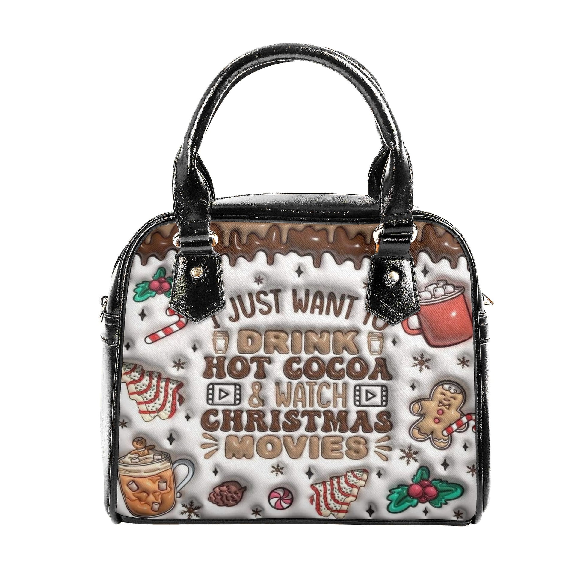 Hot Cocoa Christmas Handbag, Holiday Movies Tote Bag, Cute Gingerbread and Candy Print Purse, Festive Gift for Women