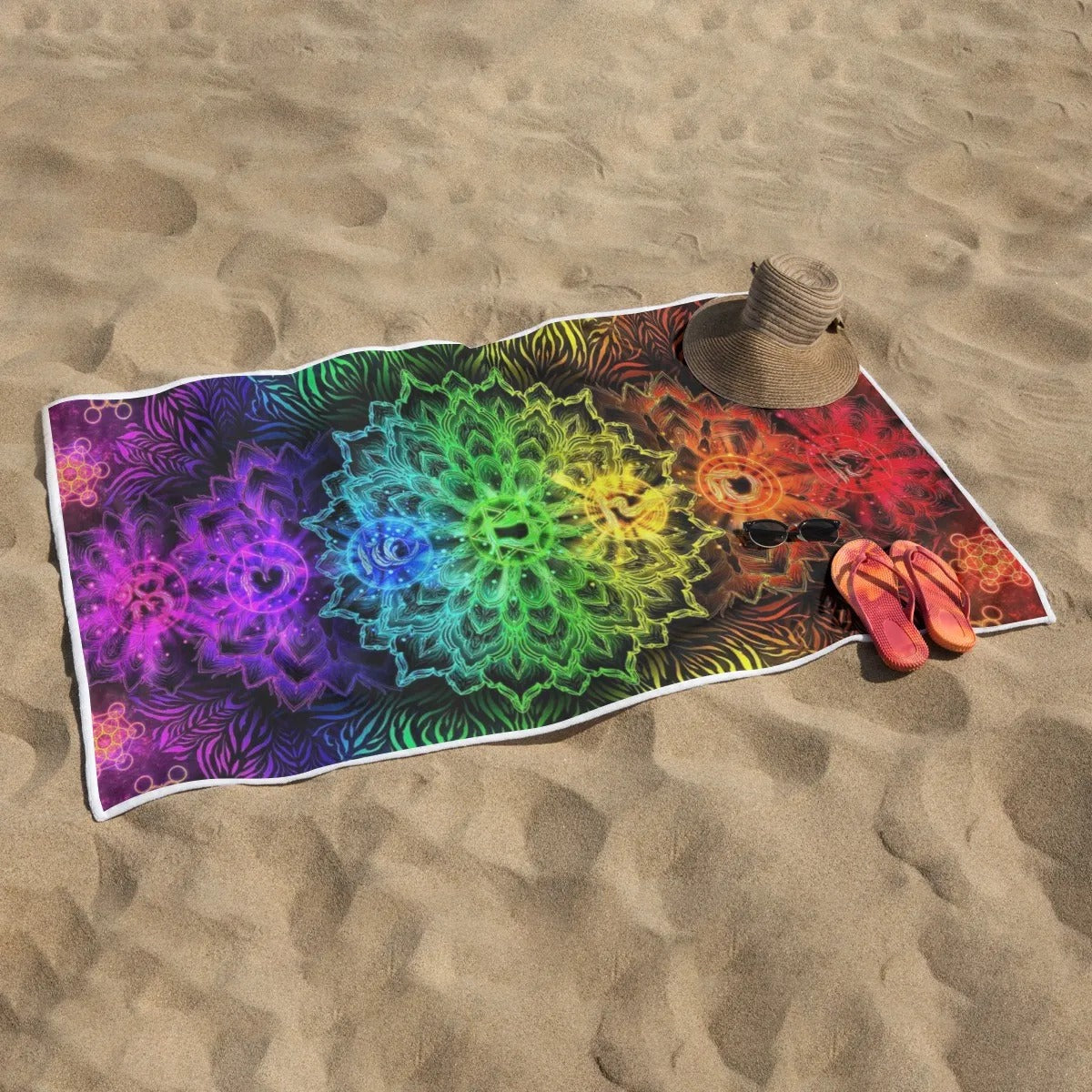 Sacred Chakras Beach Towel, Colorful Chakra Design, Spiritual Festival Towel, Psychedelic Rainbow Beach Towel