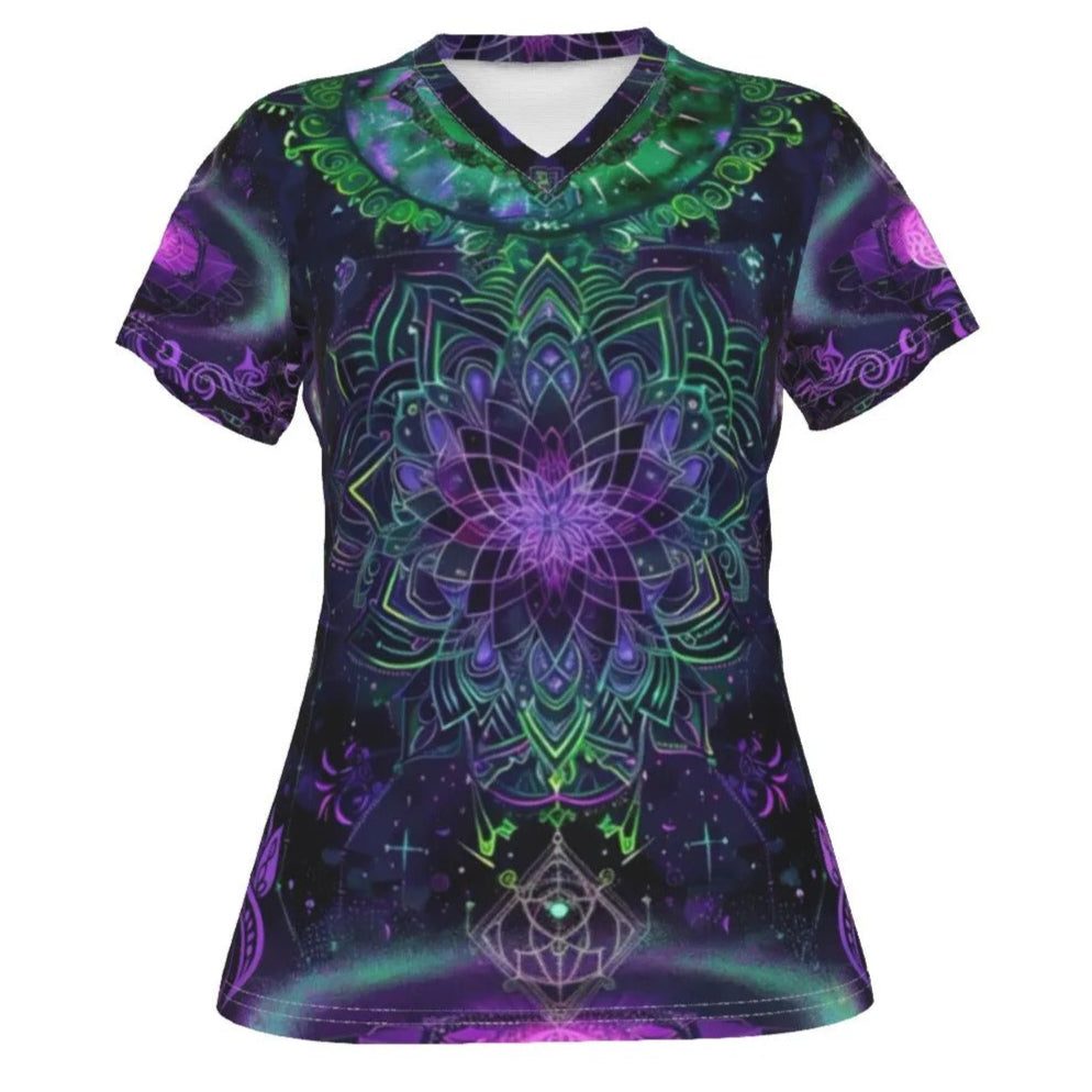 Mystic Aesthetic V Neck Shirt, Sacred Geometry Top, Purple Green Mandala Tee, Psychedelic Festival Shirt, Boho Spiritual Clothing, Cosmic Art Apparel, Yoga Meditation Wear
