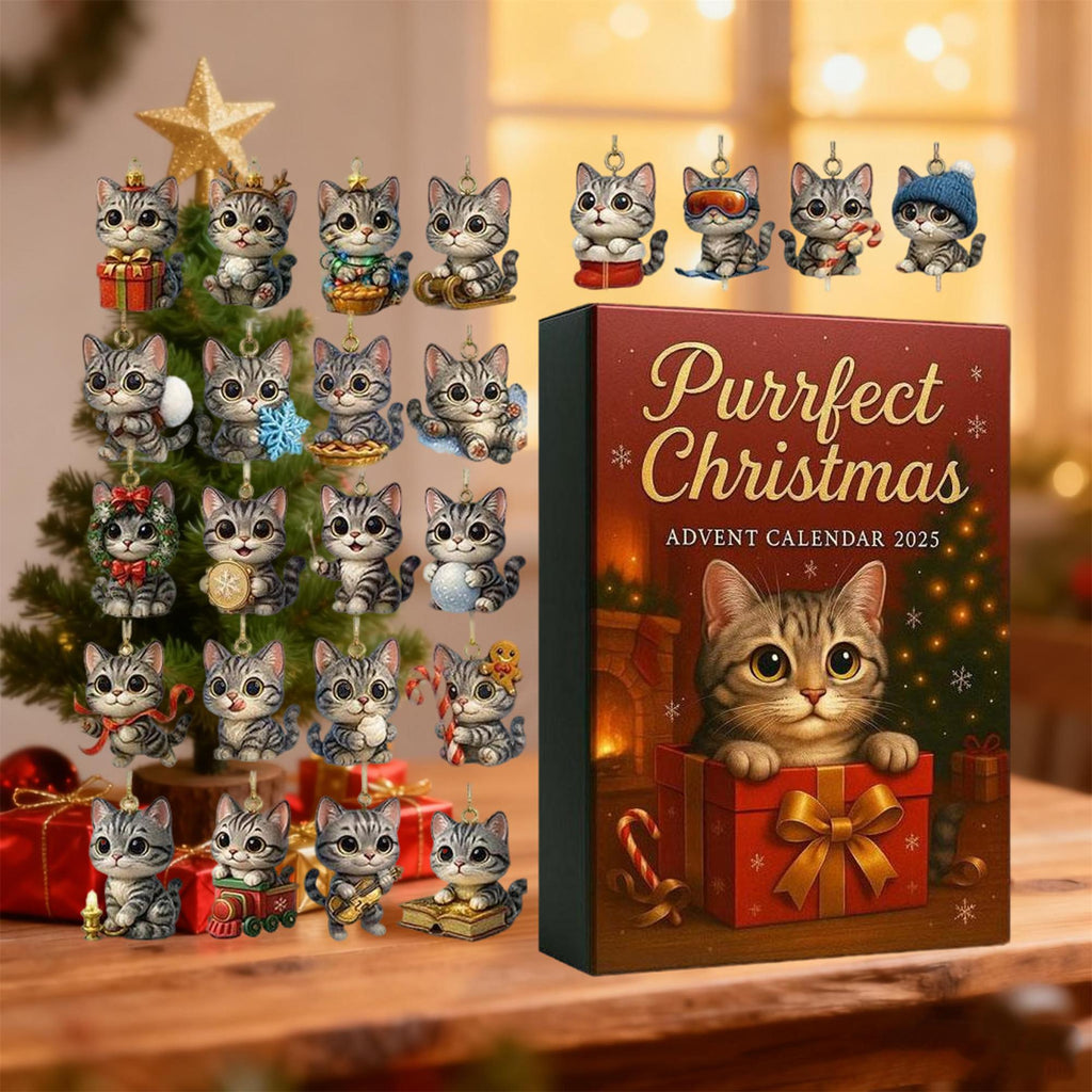 Grey Kitten Christmas Advent Calendar 2025, 24 Cute Cat Ornaments, Holiday Surprise Gift for Cat Lovers & Kids