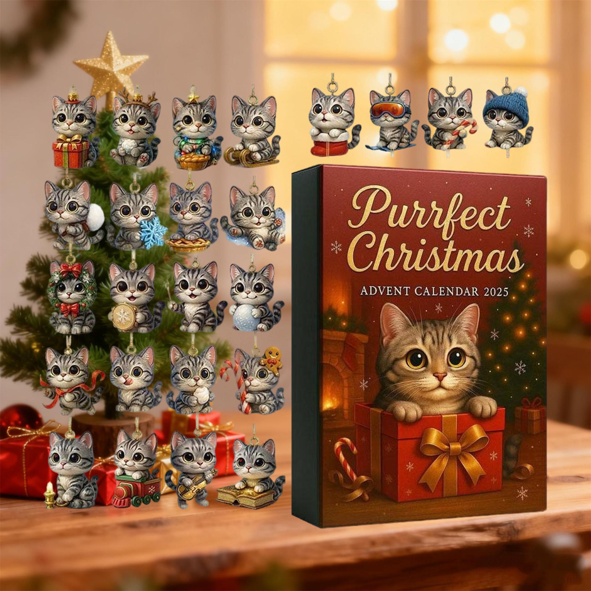 Grey Kitten Christmas Advent Calendar 2025, 24 Cute Cat Ornaments, Holiday Surprise Gift for Cat Lovers & Kids