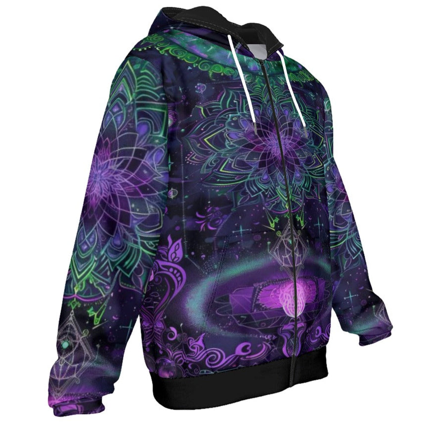 Mystic Aesthetic Zip Hoodie, Mystic Mandala Zip Hoodie, Cosmic Tarot Zip Hoodie, Sacred Geometry Zip Hoodie, Trippy Psychedelic Zip Hoodie, Spiritual Festival Wear