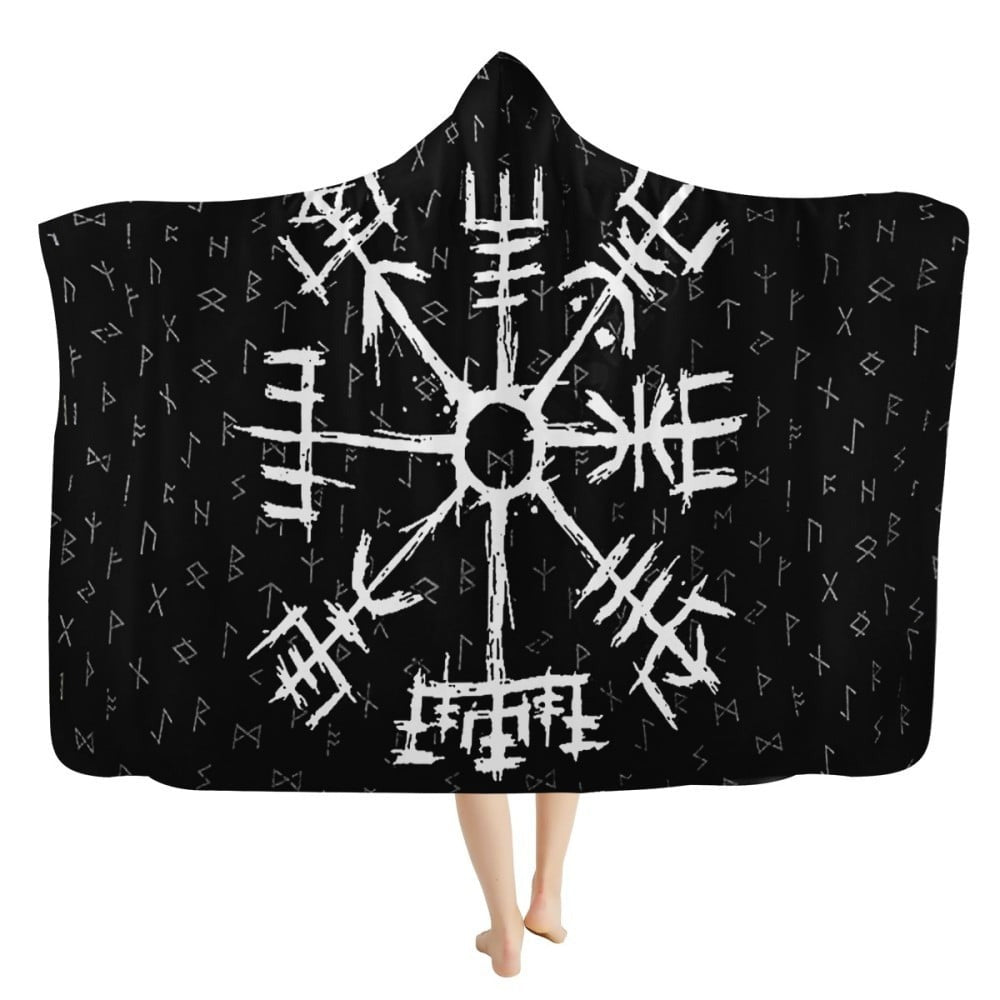 Viking Hooded Blanket with Vegvisir Rune Symbol, Norse Mythology Sherpa Throw, Cozy Warm Cloak for Men Women, Nordic Warrior Gift Blanket. BLKAC35
