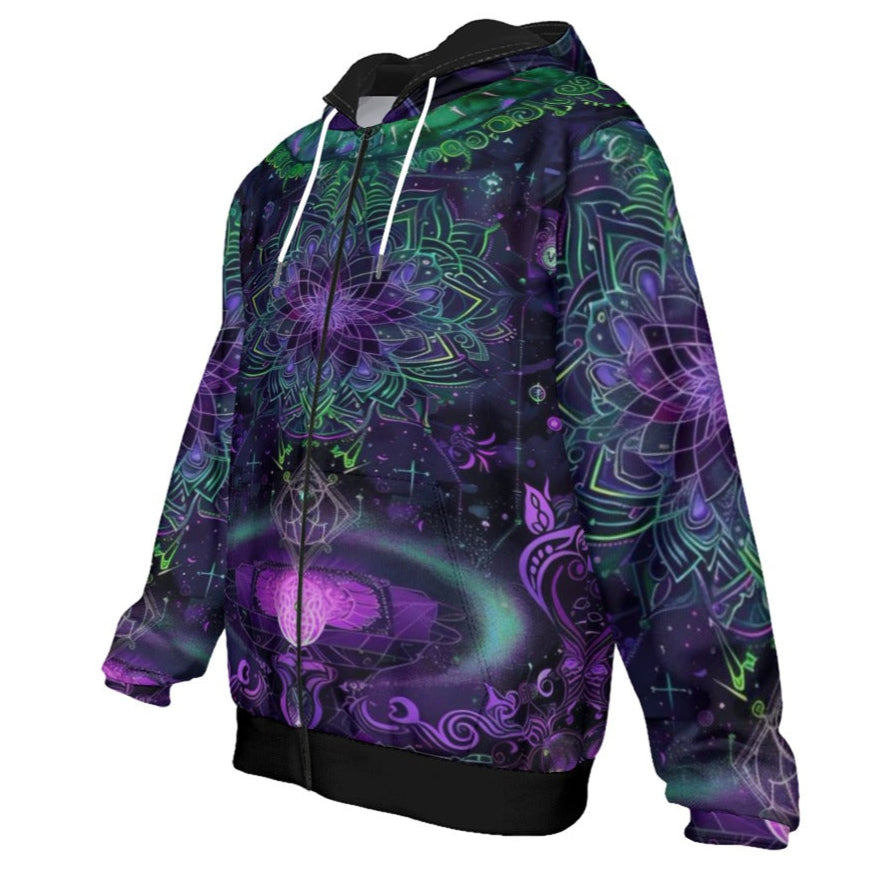 Mystic Aesthetic Zip Hoodie, Mystic Mandala Zip Hoodie, Cosmic Tarot Zip Hoodie, Sacred Geometry Zip Hoodie, Trippy Psychedelic Zip Hoodie, Spiritual Festival Wear