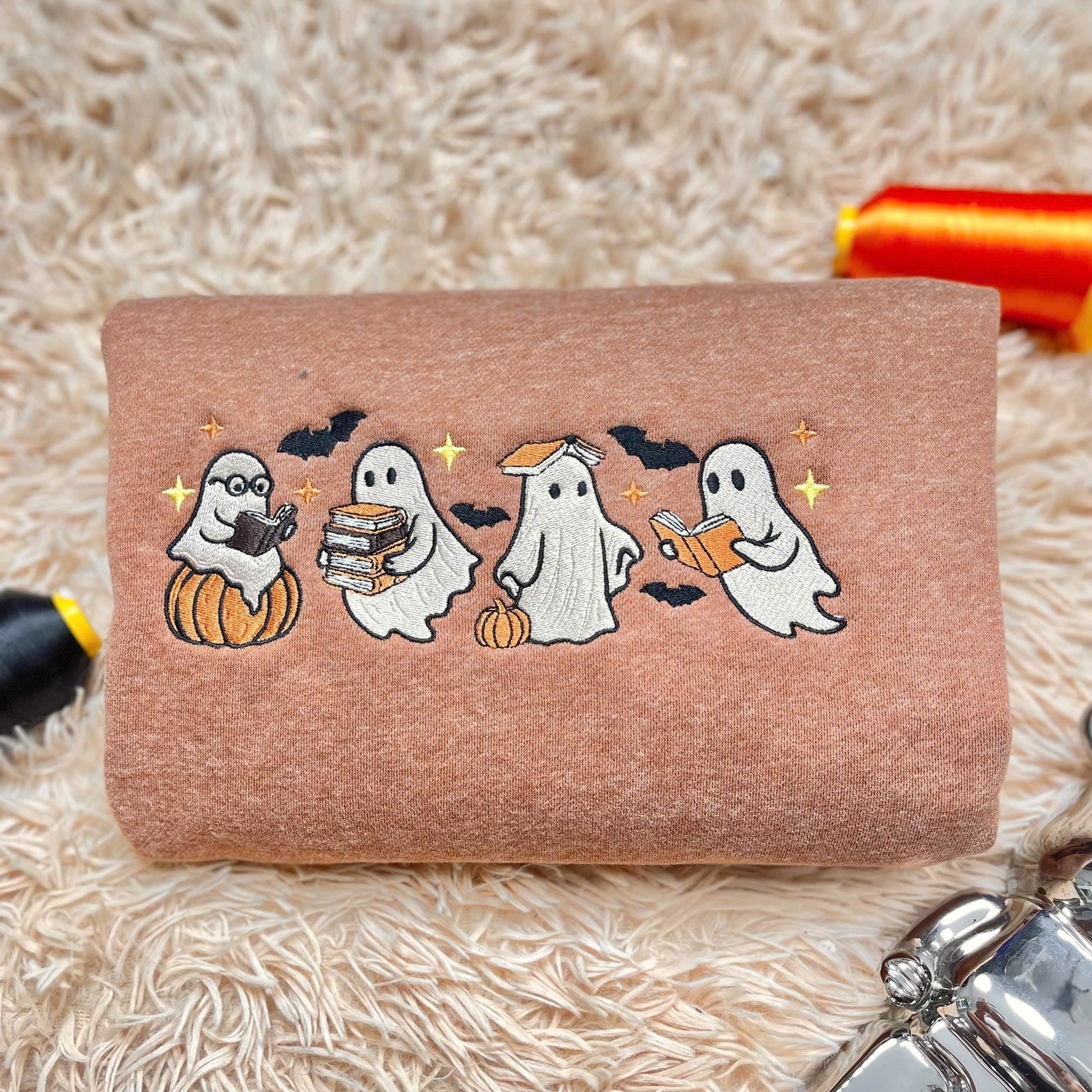 Embroidered Ghost Book Sweatshirt, Ghost Reading Books Sweatshirt, Halloween Embroidered Crewneck, Book Lover Sweatshirt, Cute Halloween Shirt EBAC09