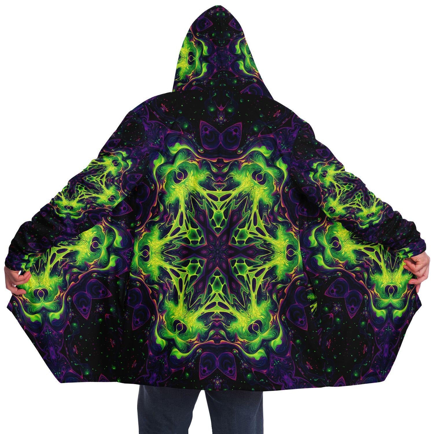 Trippy Mandala HOODED CLOAK, Psychedelic Green Cape, Vibrant Neon Rave Jacket, Colorful Festival Coat, Unique Outerwear for Festivals, Robe