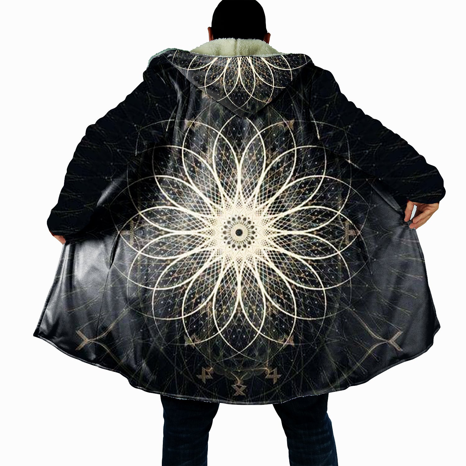 Viking Sacred Geometry Cloak, Norse Mandala Hooded Cape, Viking Sherpa Fleece Robe for Men & Women, Nordic Spiritual Blanket Hoodie