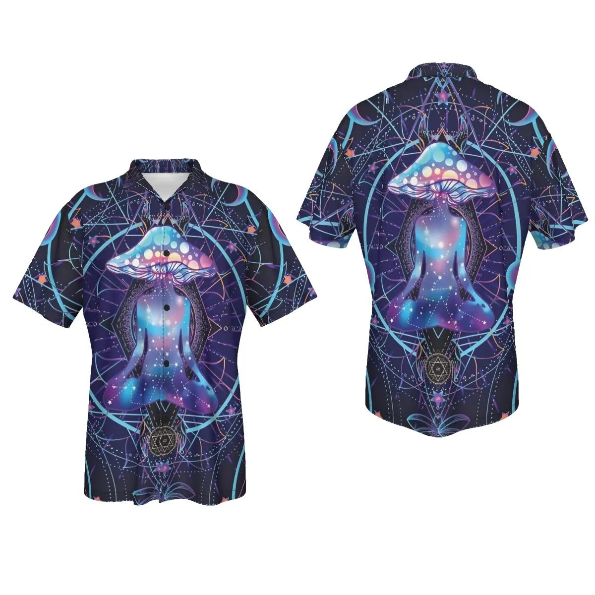 Mystic Mushroom Awakening Hawaiian Shirt, Psychedelic Spiritual Aloha Shirt, Cosmic Mushroom Print Top, Visionary Art Festival Wear, Boho Mystic Style