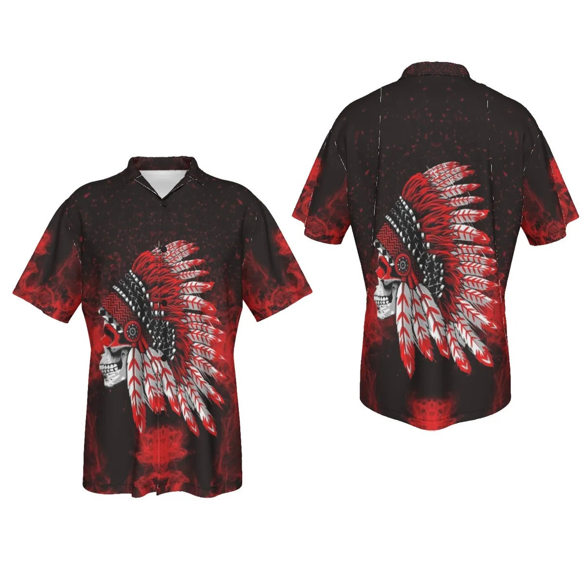 Native American Skull Hawaiian Shirt, Red Feather Headdress Aloha Shirt, Tribal Gothic Summer Wear, Red Smoke Graphic Top, Warrior Biker Style