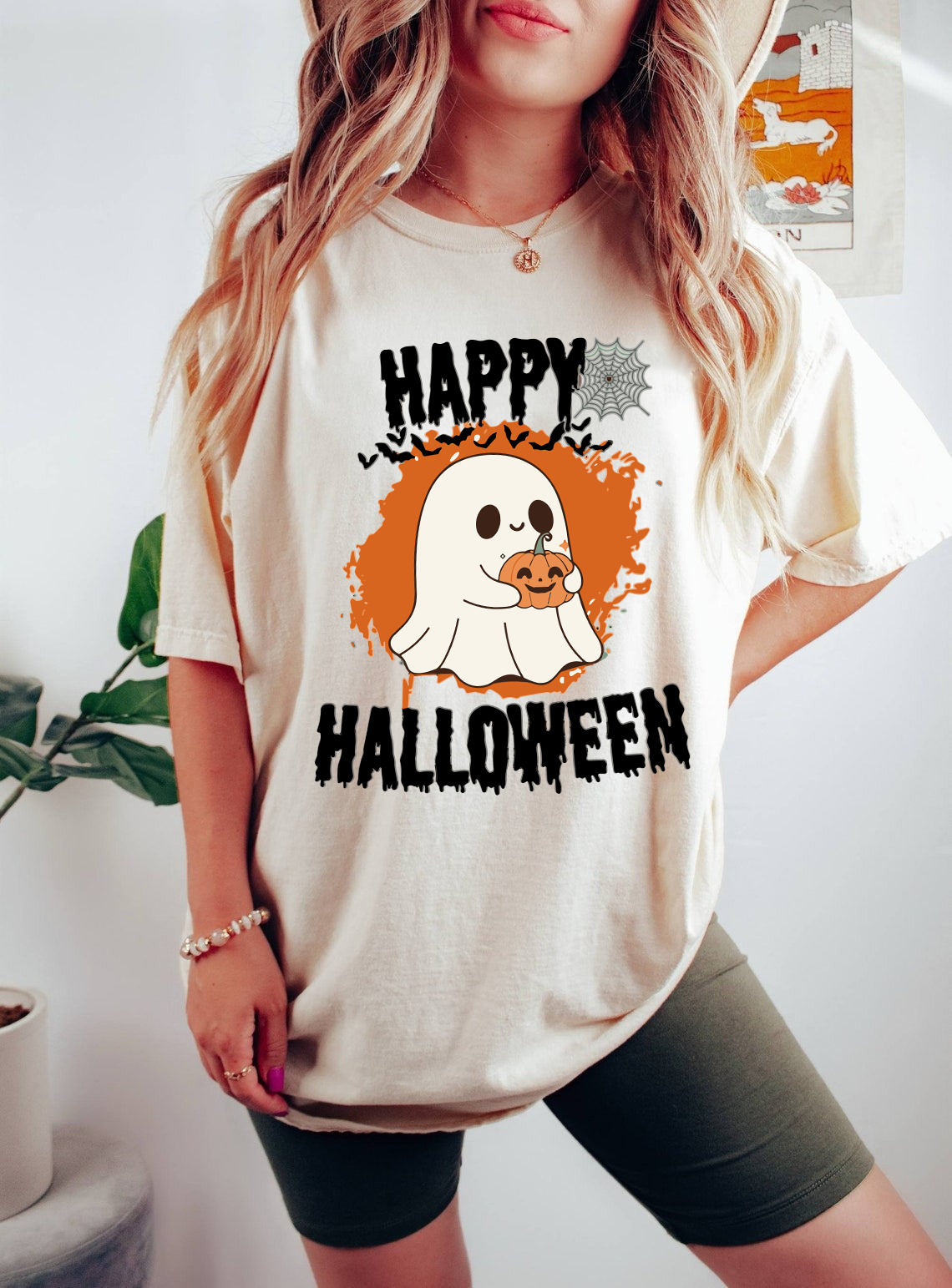 Cute Ghost Halloween Shirt, Happy Halloween Ghost Holding Pumpkin Tee, Spooky Season Fall Shirt, Kawaii Halloween T-Shirt Unisex