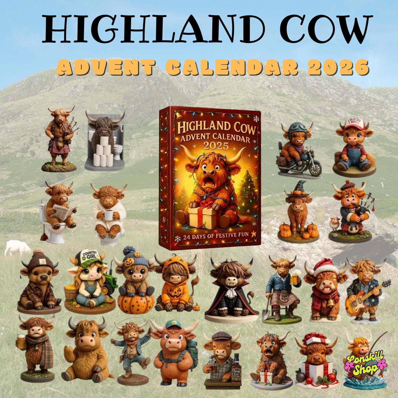 Highland Cow Advent Calendar 2025, Festive Farmhouse Countdown Gift