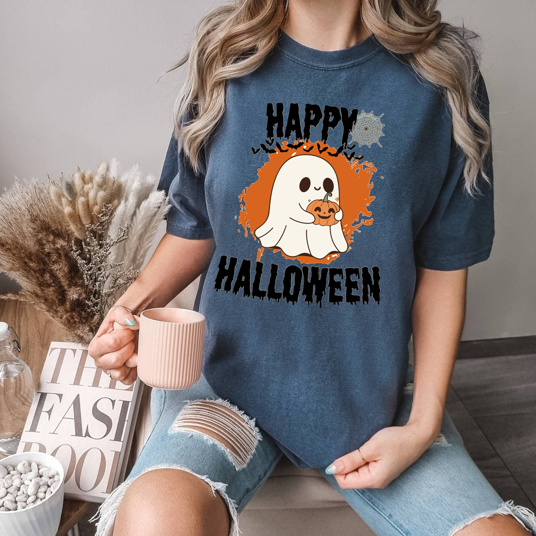 Cute Ghost Halloween Shirt, Happy Halloween Ghost Holding Pumpkin Tee, Spooky Season Fall Shirt, Kawaii Halloween T-Shirt Unisex