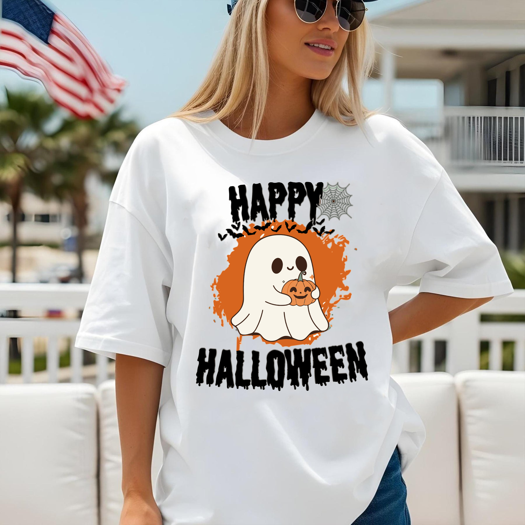 Cute Ghost Halloween Shirt, Happy Halloween Ghost Holding Pumpkin Tee, Spooky Season Fall Shirt, Kawaii Halloween T-Shirt Unisex