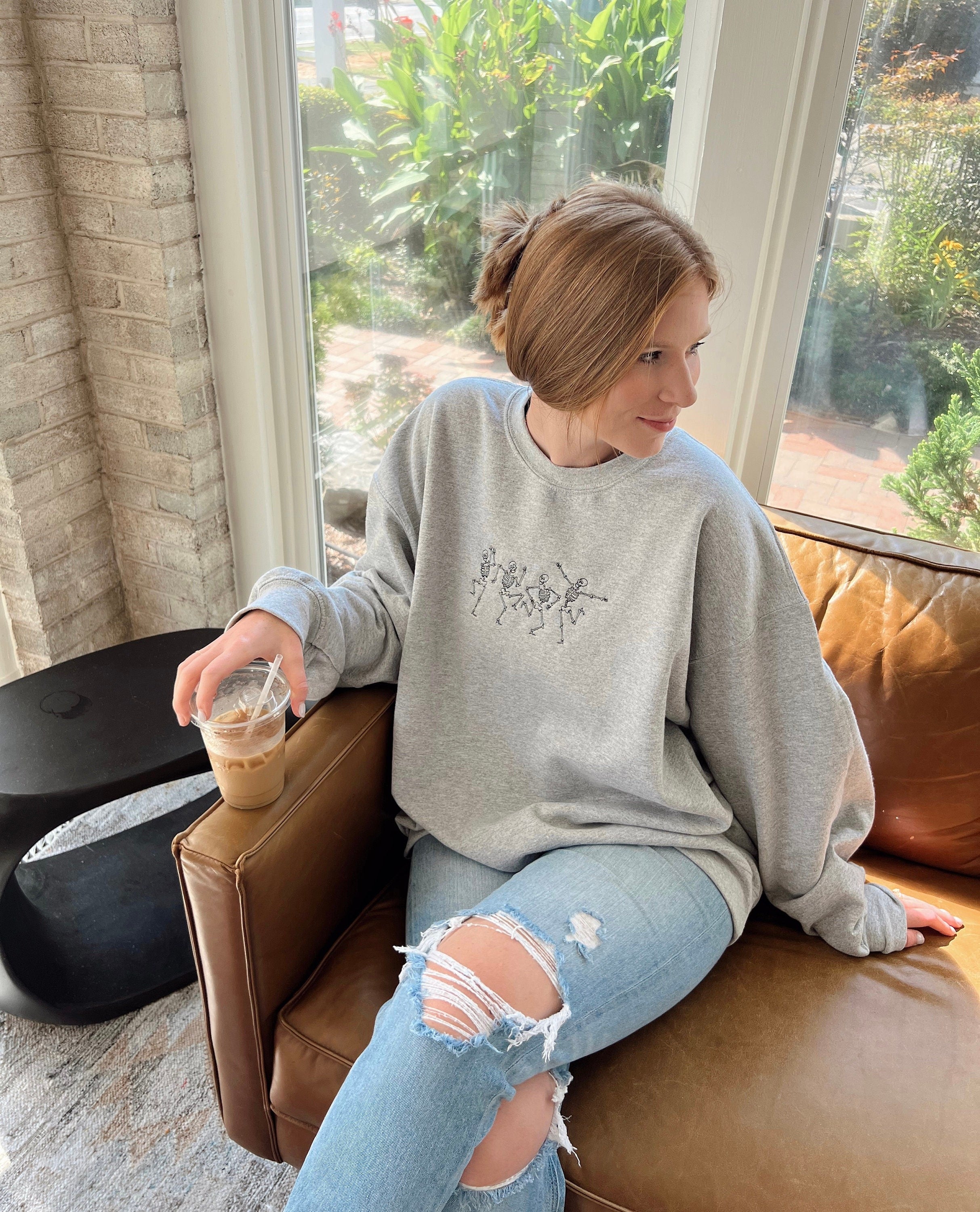 Embroidered Dancing Skeleton Sweatshirt, Embroidered Sweatshirt, Embroidered Crewneck, Halloween Gifts EBAC10