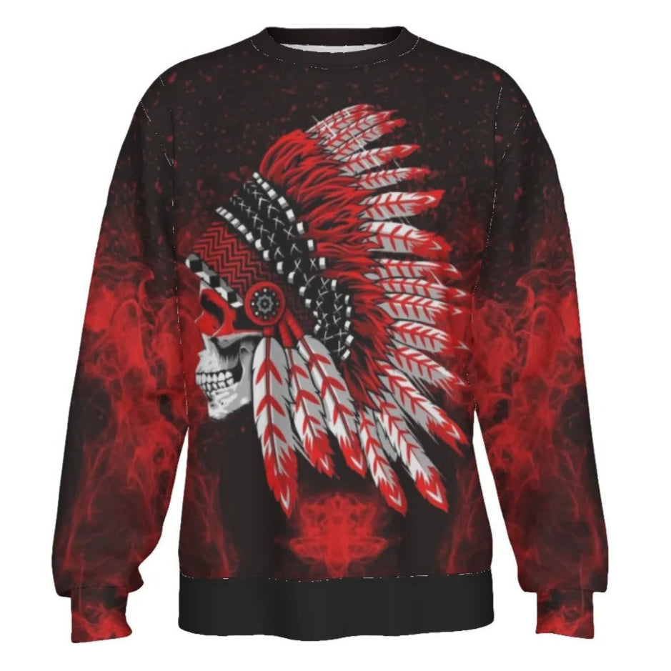 Native American Skull Sweater, Red Feather Headdress Knitwear, Tribal Gothic Pullover, Red Smoke Graphic Sweater, Warrior Biker Style