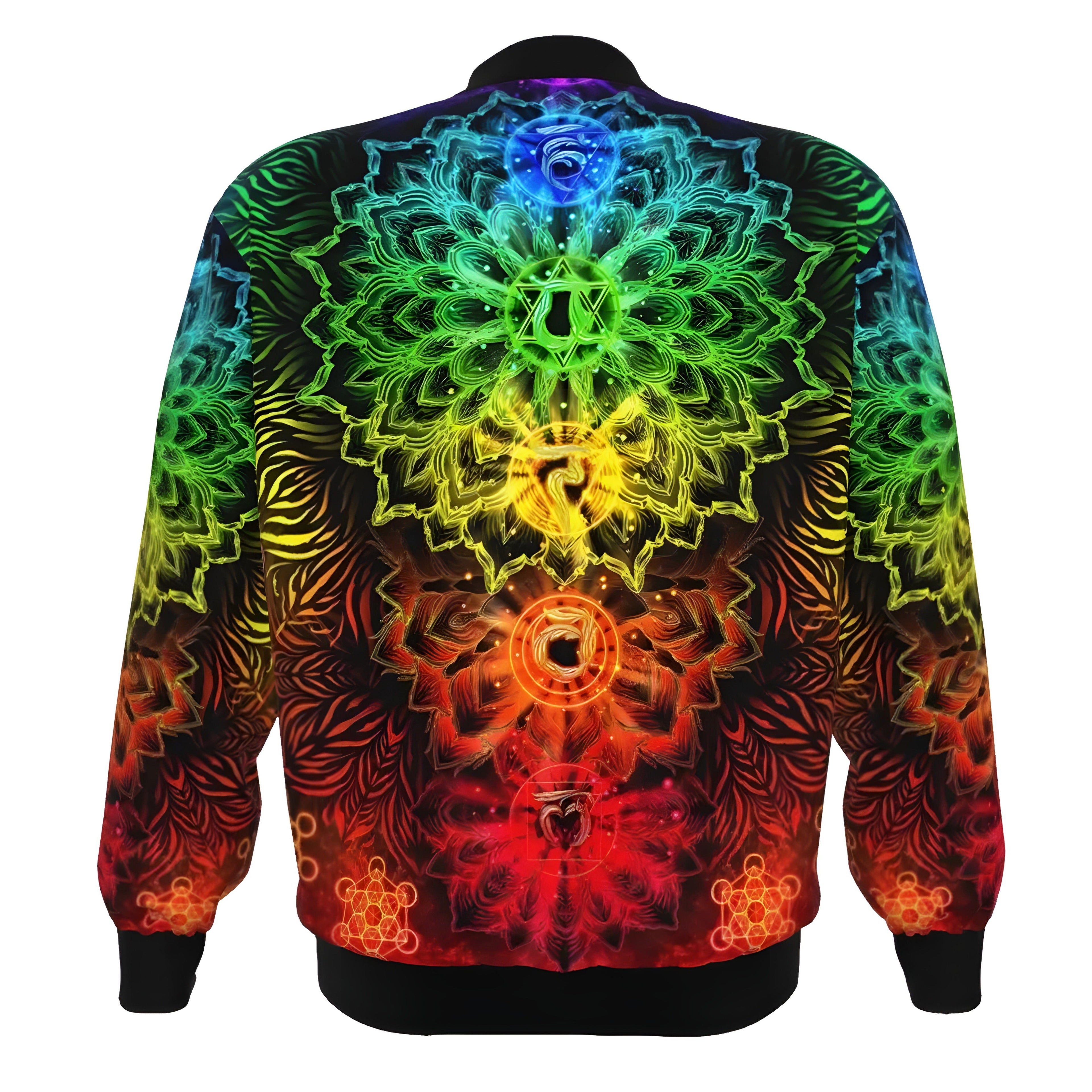 Sacred Chakras Bomber Jacket, Colorful Chakra Design, Spiritual Sports Jacket, Rainbow Festival Wear, Psychedelic Bomber Jacket