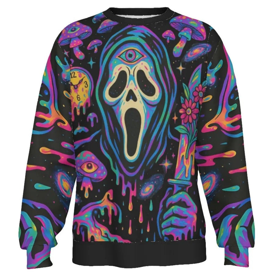 Psychedelic Halloween Mushrooms Sweater, Neon Trippy Mushroom Knitwear, Spooky Halloween Pullover, Horror Art Fashion
