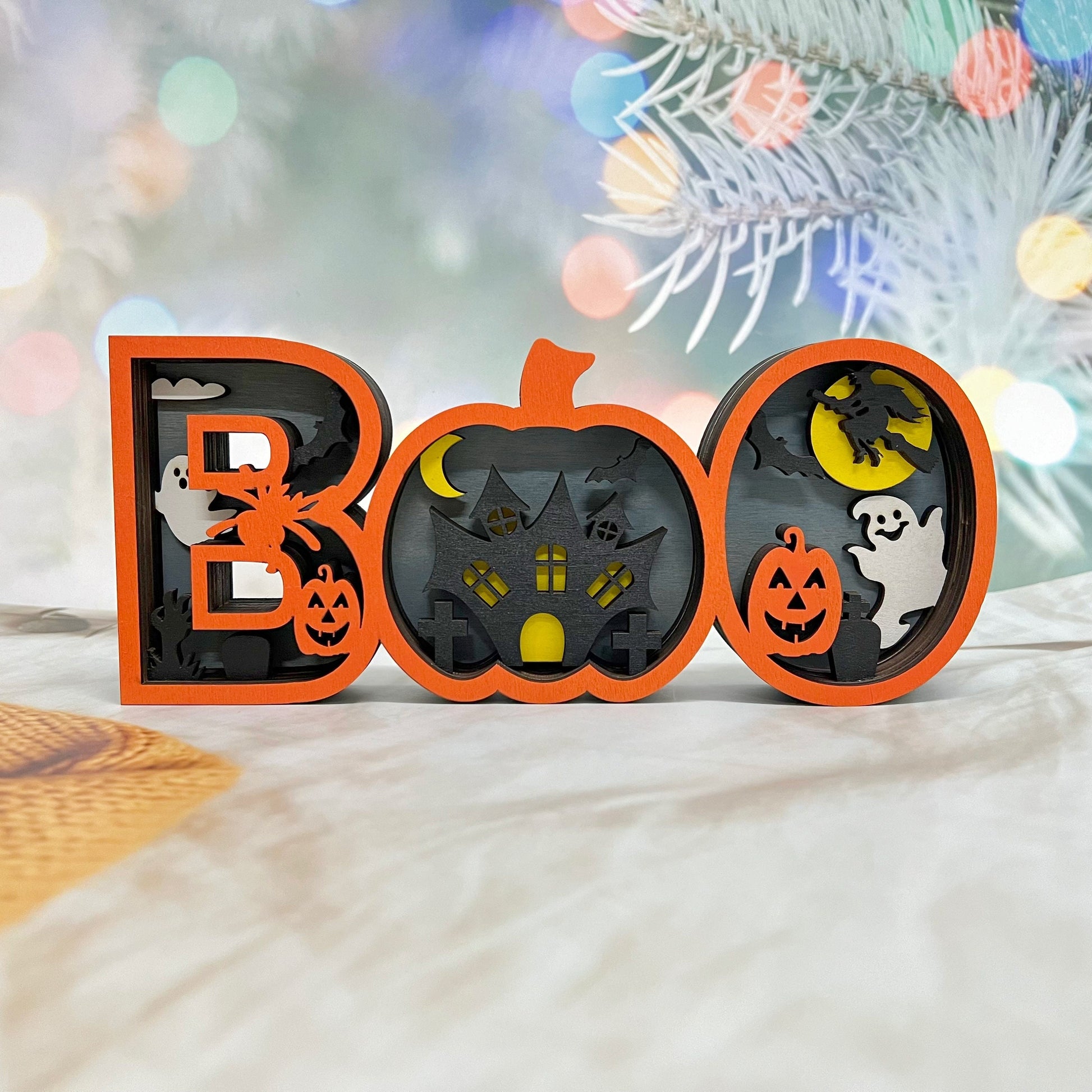 3D Carved Wooden Ghost BOO Sign, Halloween Decoration, Tabletop Decorations, Seasonal Decor, Gift Artistry and Luminary Symbol