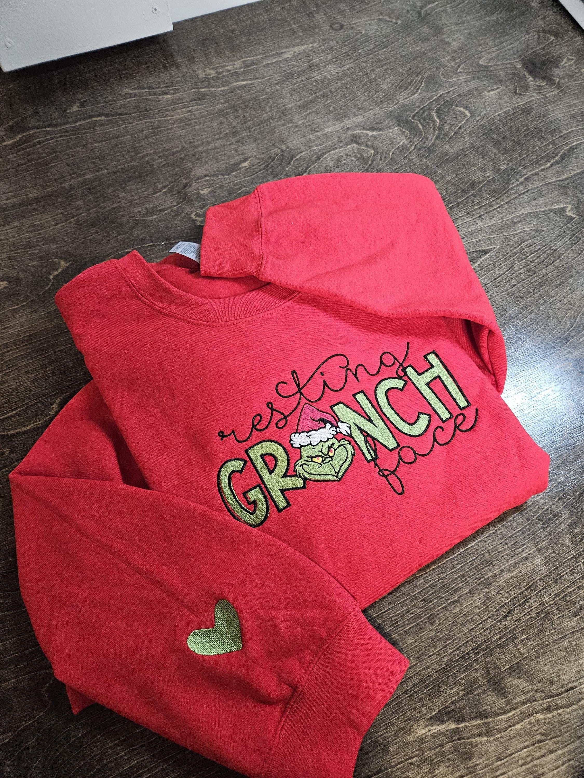 Resting Green Face Embroidered Sweatshirt, Funny Christmas Crewneck, Holiday Sweater, Cozy Winter Outfit, Xmas Gift for Her EBAC55