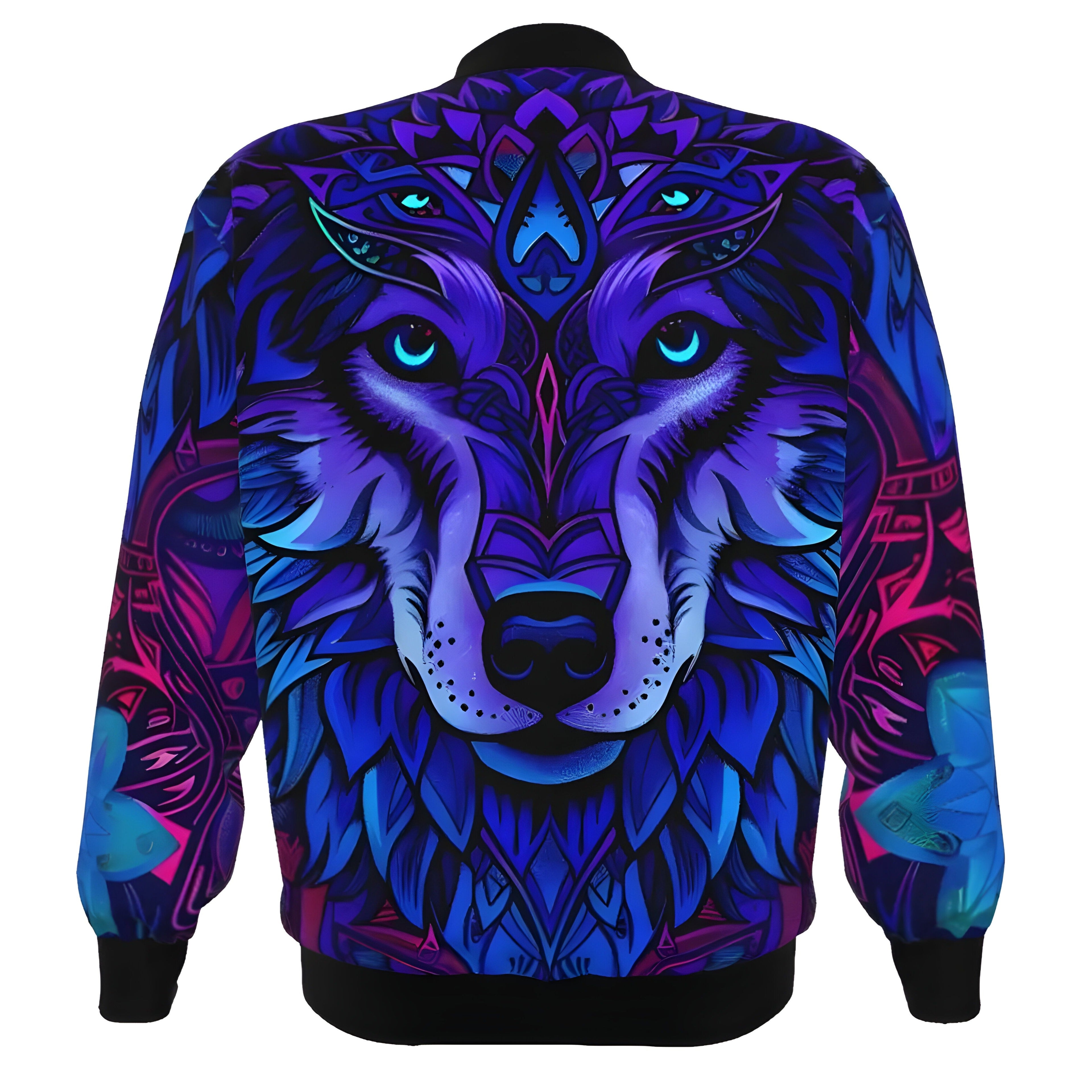 Wolf Mandala Bomber Jacket, Psychedelic Wolf Design, Blue and Purple Animal Graphic Jacket, Fantasy Streetwear, Nature-Inspired Outerwear