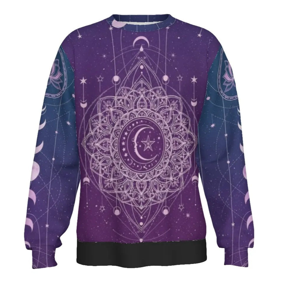 Mystic Lunar Mandala Sweater, Moon Phase Spiritual Pullover, Celestial Lotus Knitwear, Sacred Geometry Cosmic Sweater, Boho Mystic Style