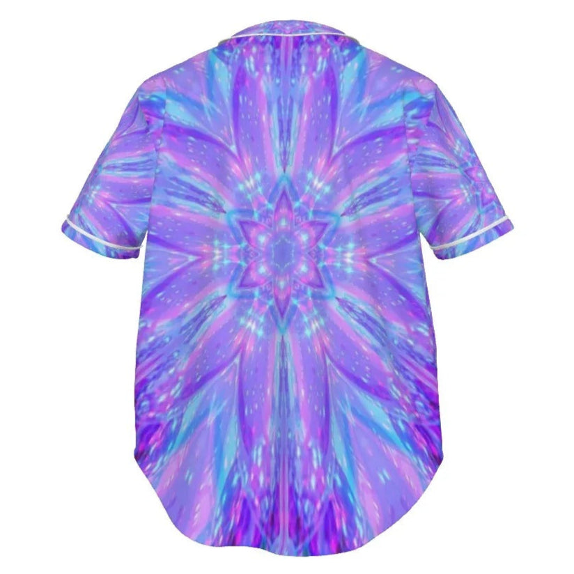 Kaleio Galaxy Baseball Shirt, Trippy Space Mandala Jersey, Holographic Psychedelic Button-Up, Cosmic Festival Streetwear
