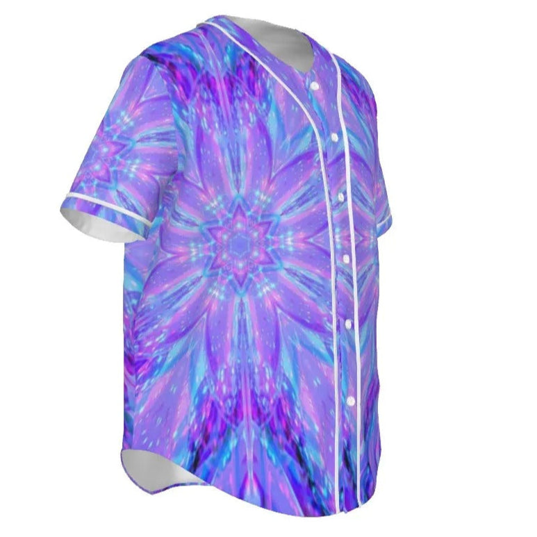 Kaleio Galaxy Baseball Shirt, Trippy Space Mandala Jersey, Holographic Psychedelic Button-Up, Cosmic Festival Streetwear