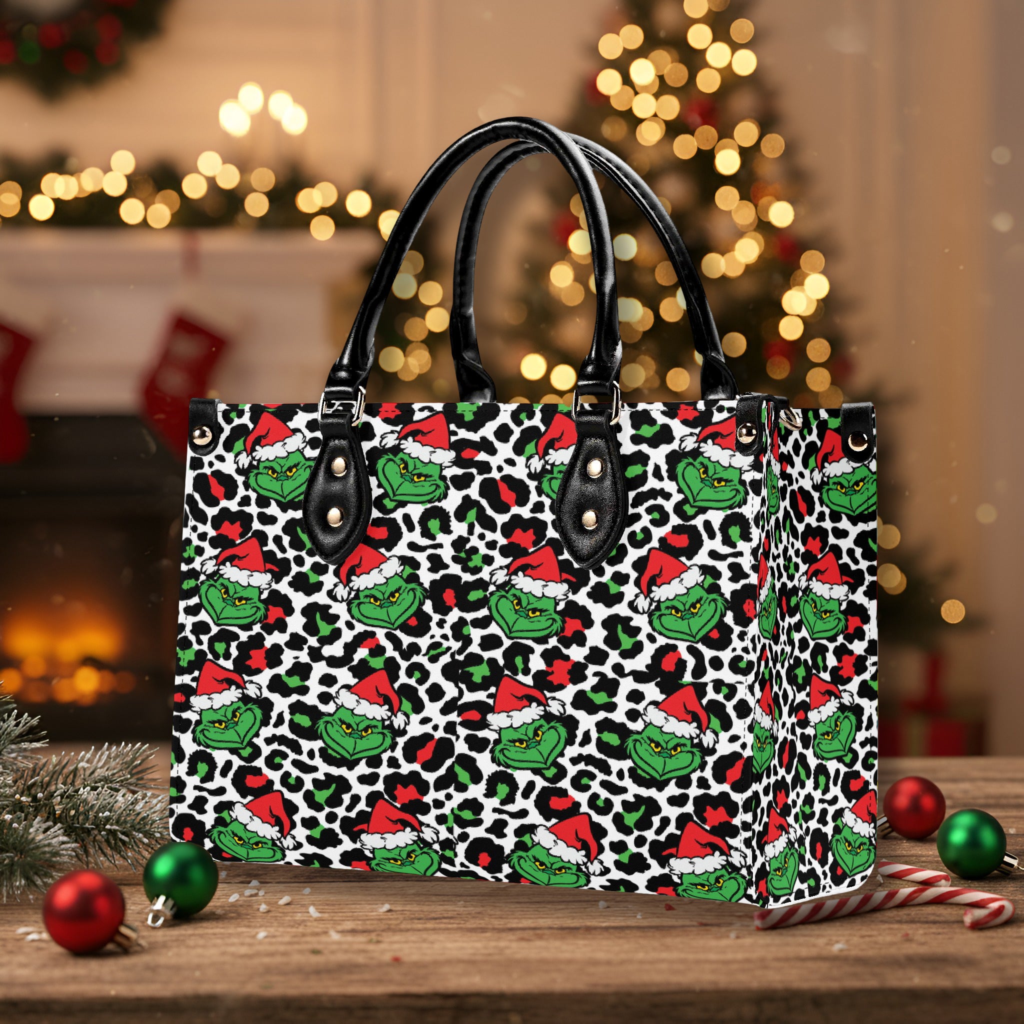 Leopard Print Christmas Handbag, Festive Holiday Purse, Winter Pattern Tote Bag, Trendy Xmas Shoulder Bag