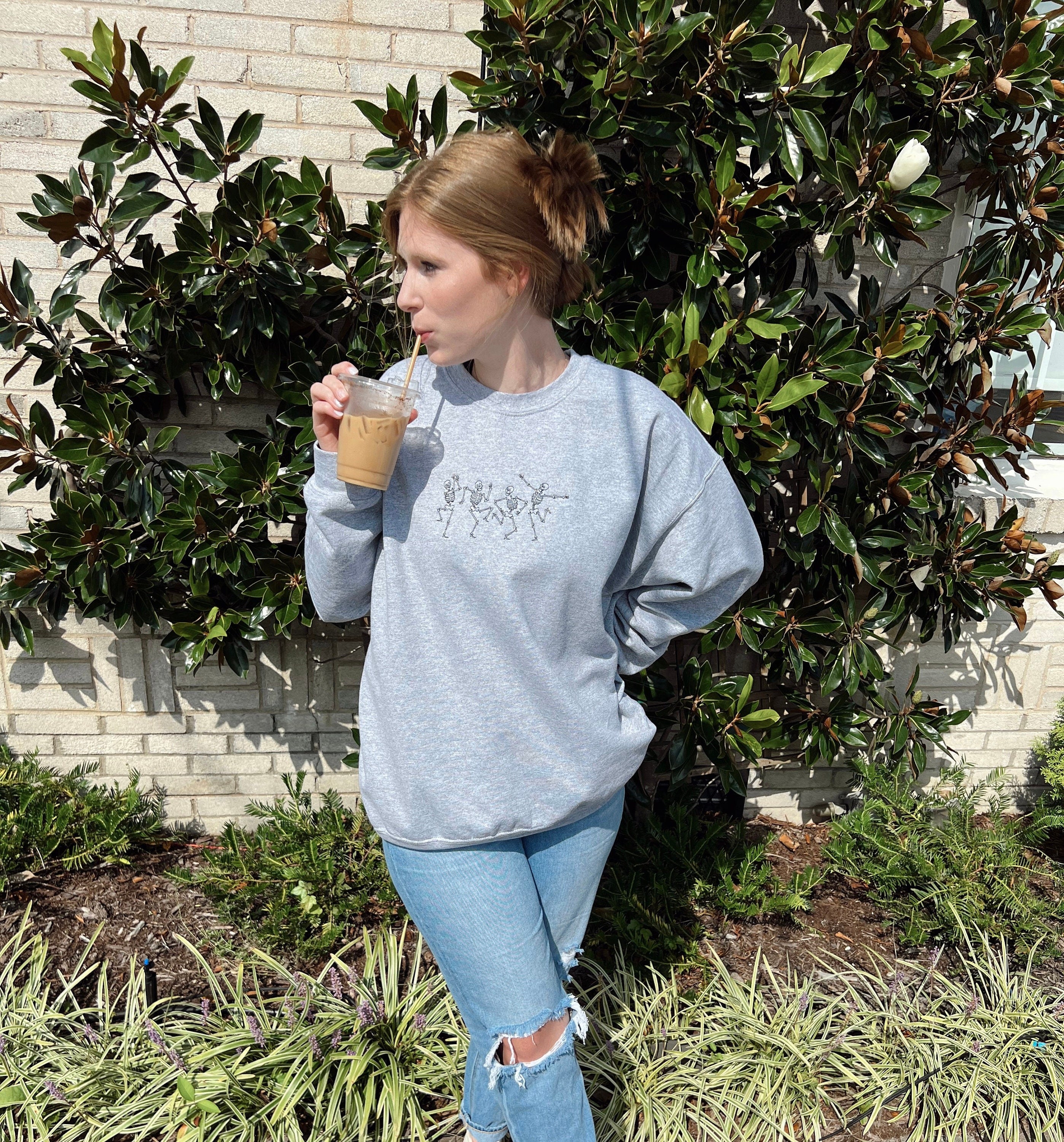 Embroidered Dancing Skeleton Sweatshirt, Embroidered Sweatshirt, Embroidered Crewneck, Halloween Gifts EBAC10