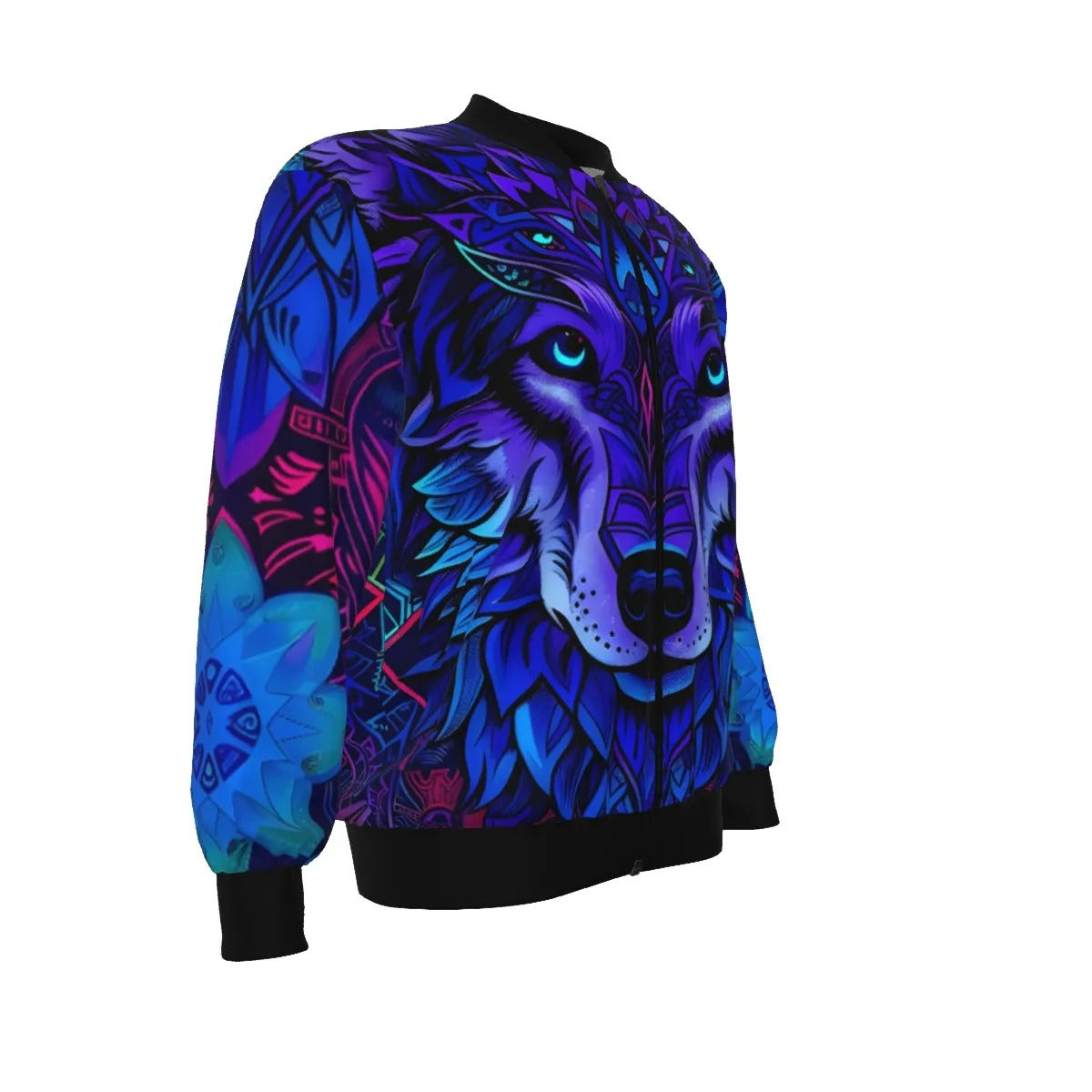 Wolf Mandala Bomber Jacket, Psychedelic Wolf Design, Blue and Purple Animal Graphic Jacket, Fantasy Streetwear, Nature-Inspired Outerwear