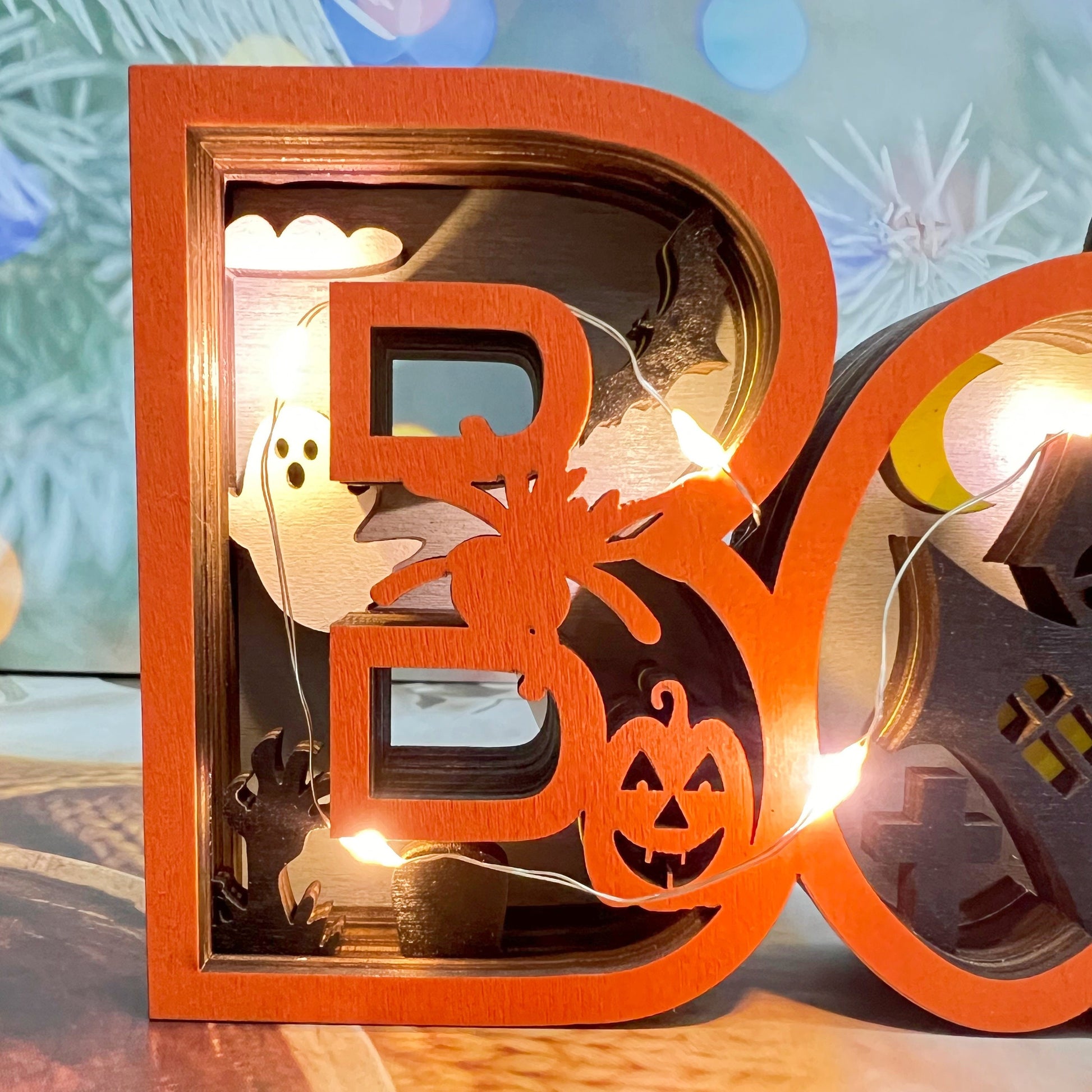 3D Carved Wooden Ghost BOO Sign, Halloween Decoration, Tabletop Decorations, Seasonal Decor, Gift Artistry and Luminary Symbol