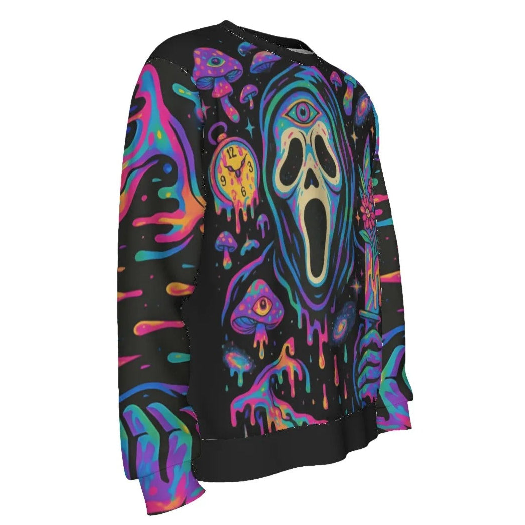 Psychedelic Halloween Mushrooms Sweater, Neon Trippy Mushroom Knitwear, Spooky Halloween Pullover, Horror Art Fashion
