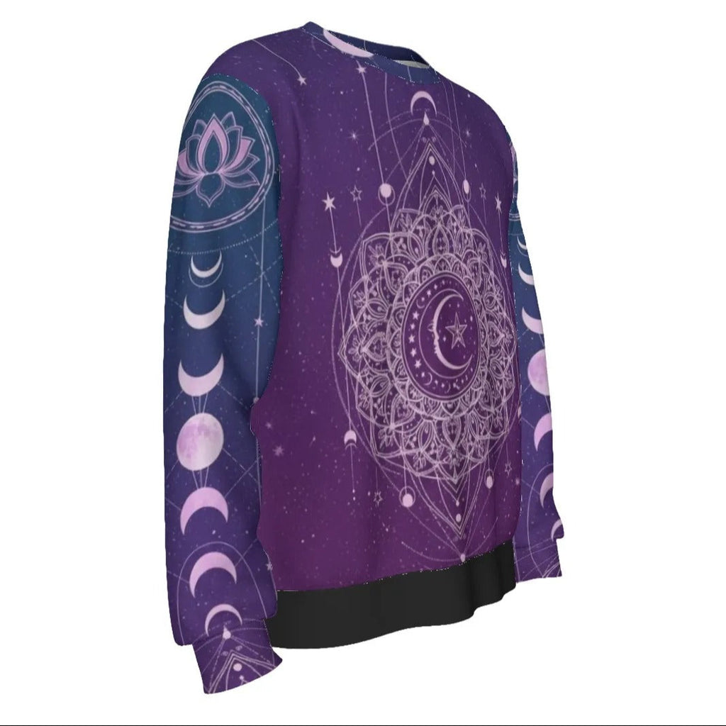 Mystic Lunar Mandala Sweater, Moon Phase Spiritual Pullover, Celestial Lotus Knitwear, Sacred Geometry Cosmic Sweater, Boho Mystic Style